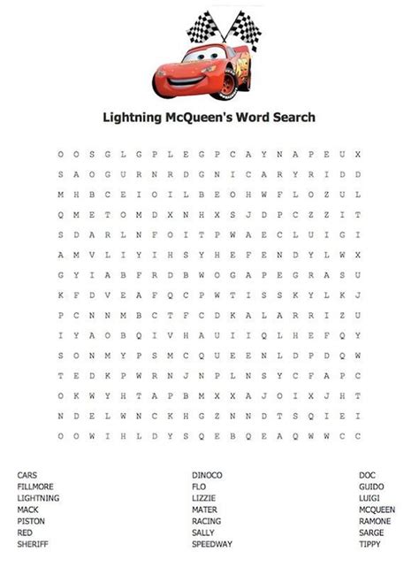 Cars Movie Word Search