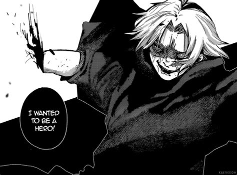 An Anime Character With Blonde Hair And Black Clothes Holding His Arm