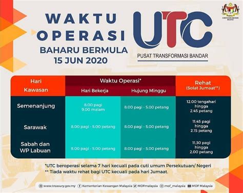 Senarai waktu operasi utc malaysia 2021 termasuk pejabat cawangan & kioks kwsp dan lhdn yang terkini. UTC Beroperasi Semula Mulai 15 Jun 2020 Dengan Waktu ...