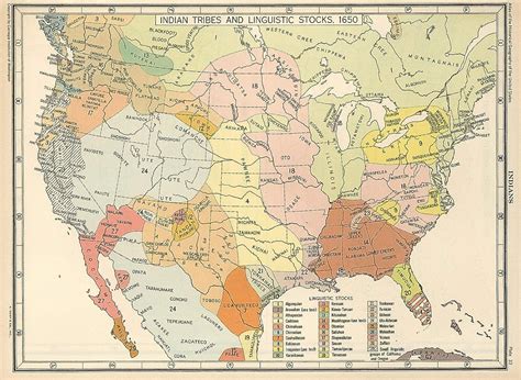 1650 Us Map Native American Indian Tribes Languages Historical Poster