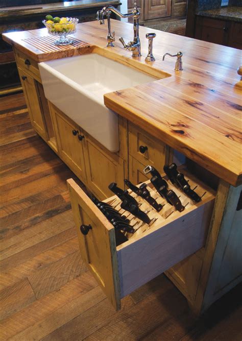 Butcher Block Island With Porcelain Sink And Knive Storage Pull Out
