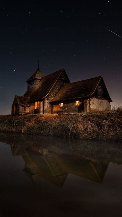 1440x2560 Lakeside House Reflections Night Wallpaper Nature Iphone
