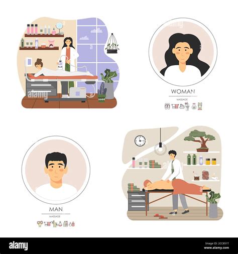 People Getting Lpg And Back Massage In Spa Salon Beauty Clinic Flat Vector Illustration Stock