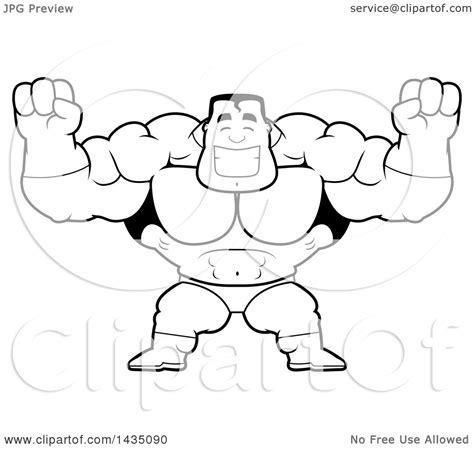 Clipart Of A Cartoon Black And White Lineart Buff Muscular Male Super