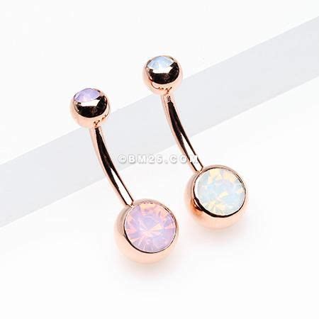 Rose Gold Opalite Double Gem Ball Steel Belly Button Ring Belly