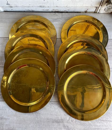 Vintage Brass Charger Plates Set Of 8 Solid Brass Made In Etsy