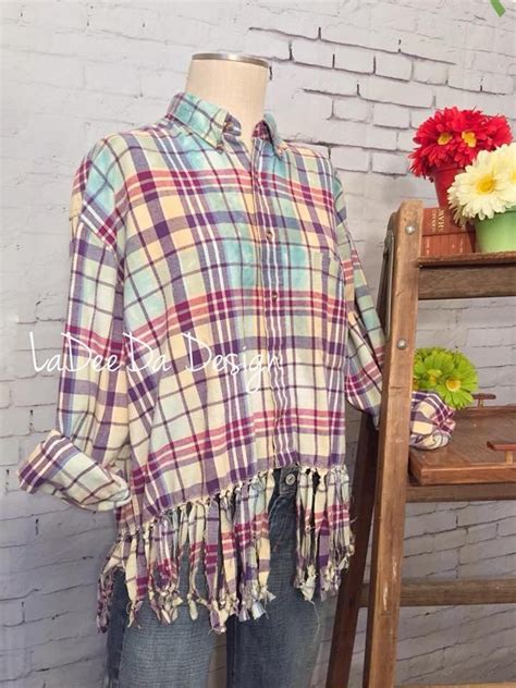 Flannel Shirt Distressed Fringed And Appliqued Oversized Etsy