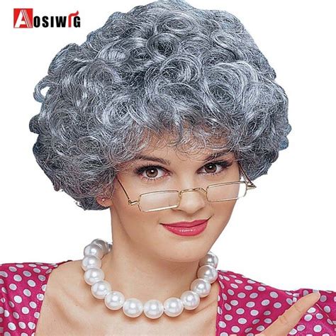 Aosi Wig Mixed Grey Color Grandma Old Woman Madea Wigs Short Curly Wig