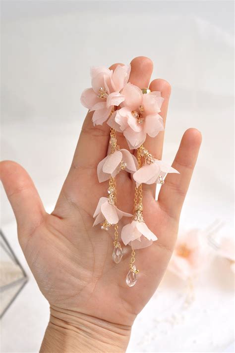 Blush Pink Earrings Long Flower Ivory Earrings Tassels Silk Etsy