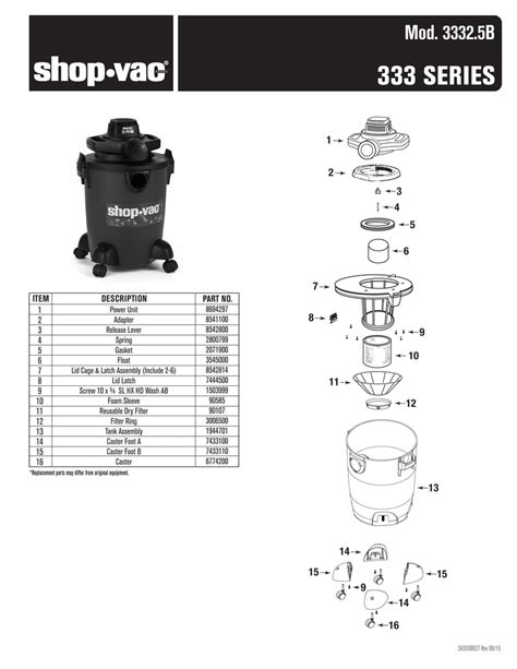 Shop Vac Parts List For 33325b Models 6 Gallon Green Black Blower