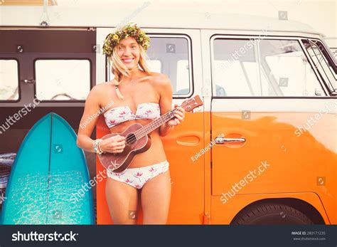 Beach Lifestyle Beautiful Surfer Girl With Ukulele And Classic Vintage