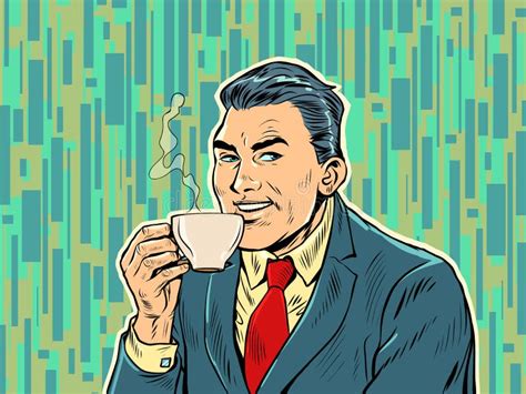 Joyful Businessman Drinking Morning Coffee Hot Drink Stock Vector