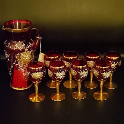 This Set Of Hand Painted Murano Italian Wine Glasses And Pitcher Are Outstanding They Have
