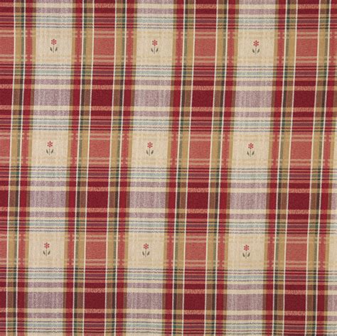 Beige Tan And Burgundy Country Plaid Cabin Damask Upholstery Fabric
