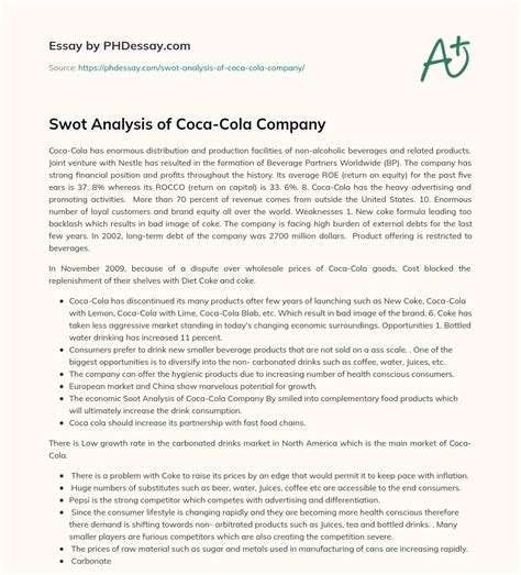 Swot Analysis Essay On Coca Cola Swot Analysis Of Coca Cola Company