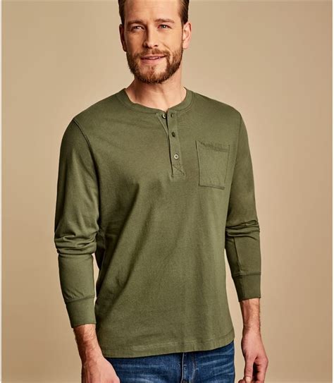 Safari Green Mens Henley Button Long Sleeve T Shirt Woolovers Uk