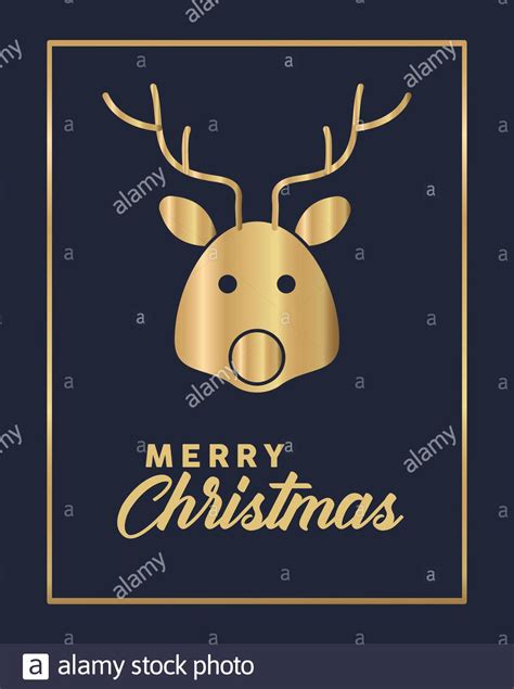 Happy Merry Christmas Golden Reindeer And Lettering Vector Illustration