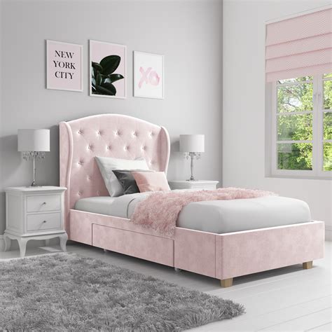 Pink Velvet Upholstered Single Bed Frame With Storage Drawer Safina