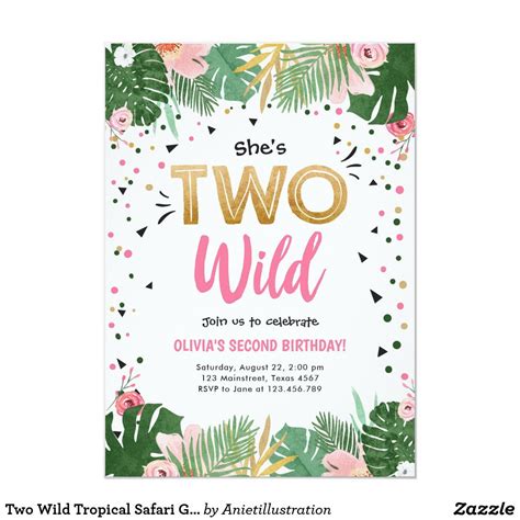 two wild tropical safari gold girl second birthday invitation zazzle wild birthday party