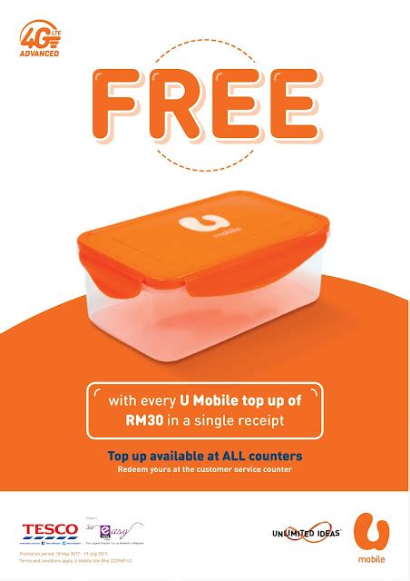 Tesco Top Up U Mobile Reload Rm30 Minimum Free Food Container Until 19