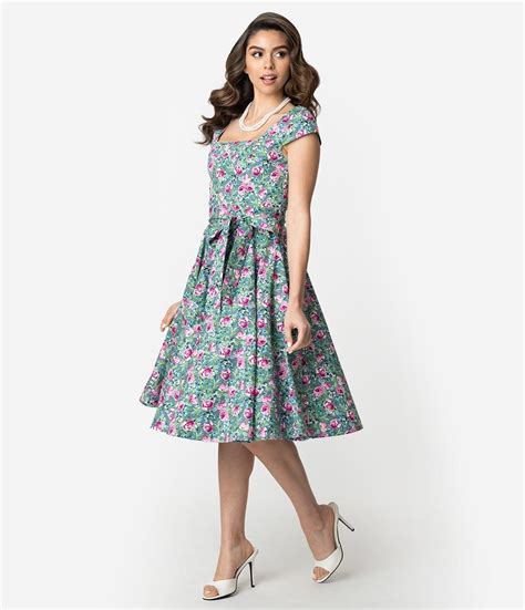 Retro Style Green And Pink Lovely Floral Print Cap Sleeve Anna Swing Dre