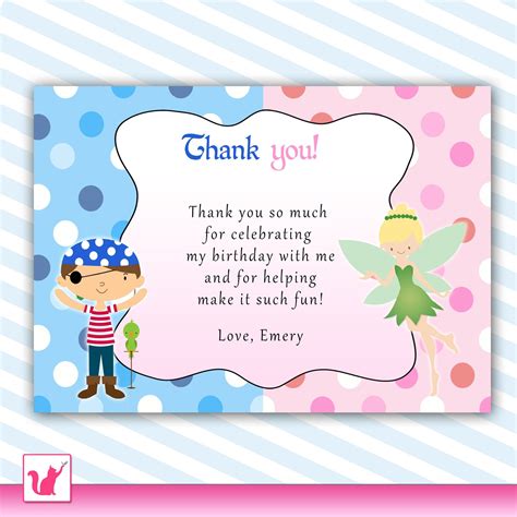 Printable Pirate Fairy Pixie Princess Birthday Party Thank You Cards