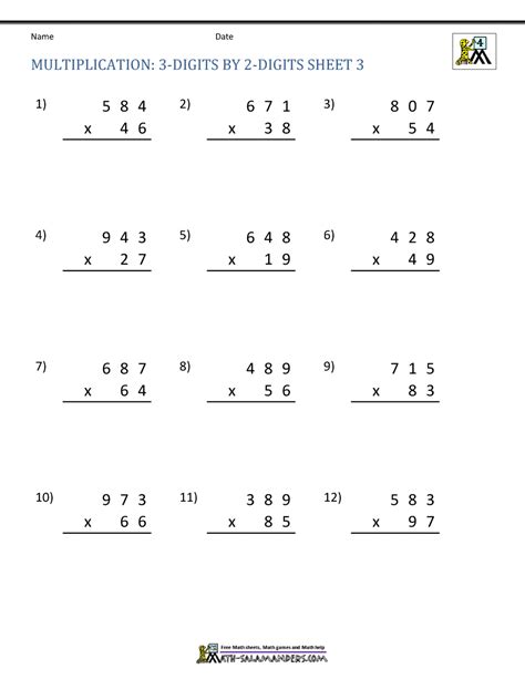 Multiplying Large Numbers Worksheets Multiplying 3 Digit By 2 Digit