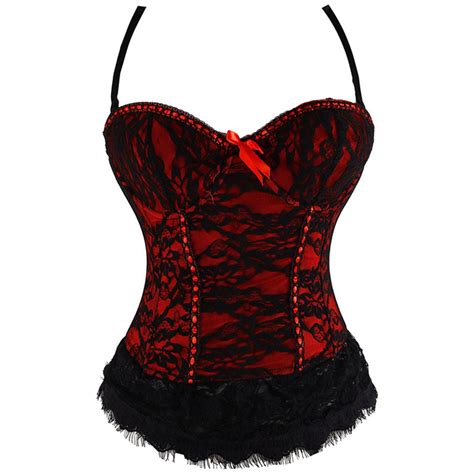 sexy red satin lace trim spaghetti straps bustier corset n10017