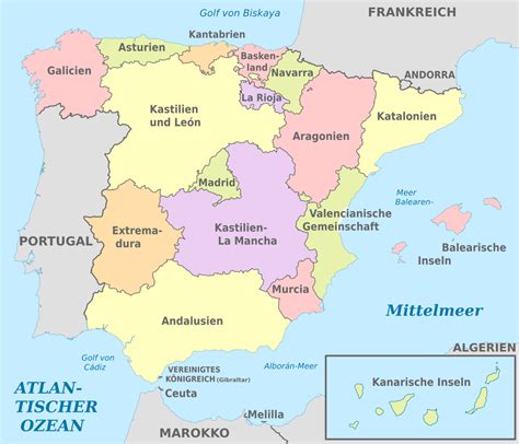 Es teilt sich zusammen mit portugal die iberische halbinsel. File:Spain (plus Canarias), administrative divisions - de ...
