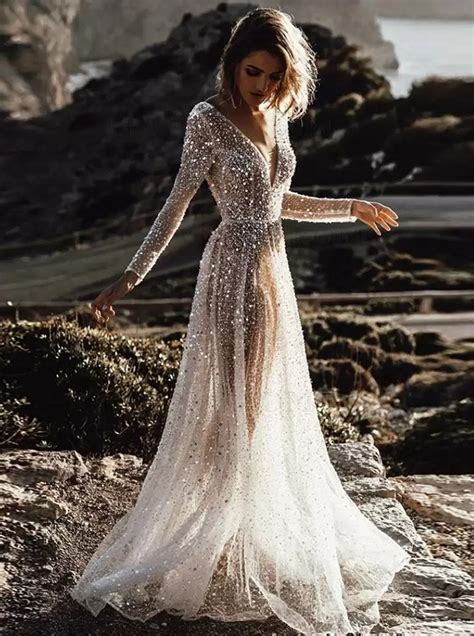 Sevenprom Glitter Sequin Long Sleeve Backless Wedding Dress