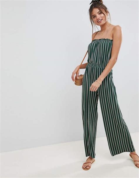 Asos Design Bandeau Jersey Jumpsuit With Wide Leg In Vertical Stripe