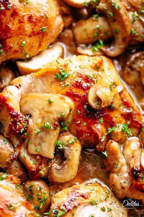 Boneless, skinless thighs cook quickly. Garlic Mushroom Chicken Thighs | cafedelites.com | Boneless chicken thigh recipes, Mushroom ...