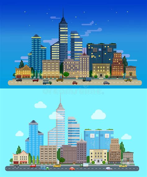 Morning, day and night city skyline landscape, town buildings in different time and urban background. Flat Style Vector City Skyscrapers Day And Night Stock ...
