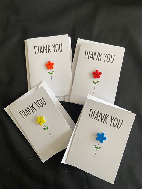 Set Of 4 Small Thank You Cards With Wooden Flower Button Etsy