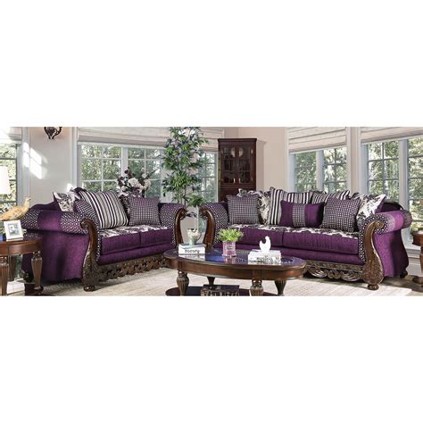 Furniture Of America Traditional Chenille Ava 2 Piece Sofa Set Purple