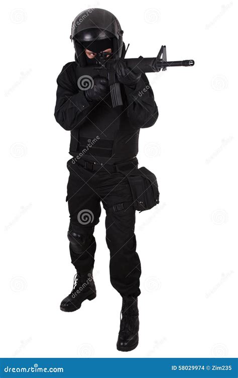 Swat Officer In Black Uniform Stock Photo Image Of Equipment