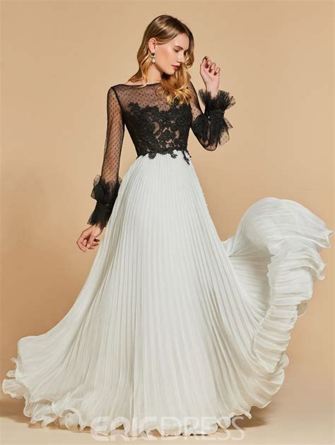 Ericdress A Line Long Sleeve Applique Black And White Evening Dress