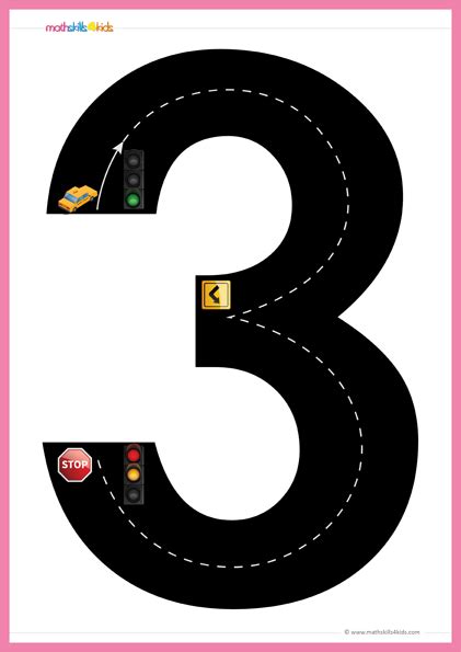 Road Numbers Math Training Game Tracing Number 3 Pre K Free Printable