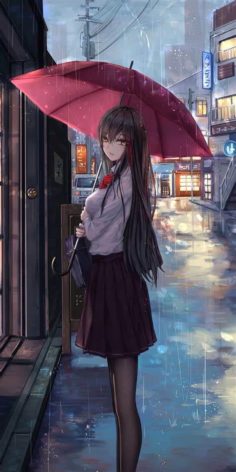 1080x2160 Anime Girl Rain Umbrella Looking At Viewer One Plus 5thonor
