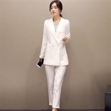 jacket pants white women business suits double breasted ladies office uniform elegant pant suits