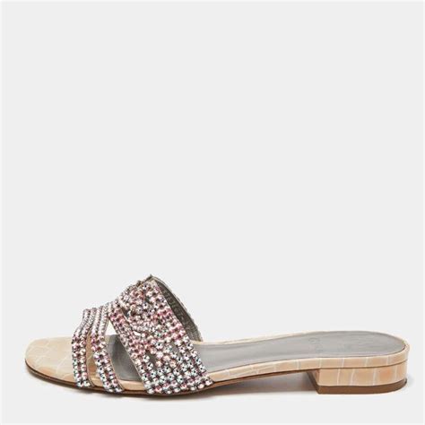 Gina Cream Croc Embossed Patent Leather Crystal Embellished Loren Slide Sandals Size 395 Gina