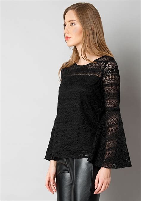 Black Bell Sleeve Lace Top Online Womens Blouses