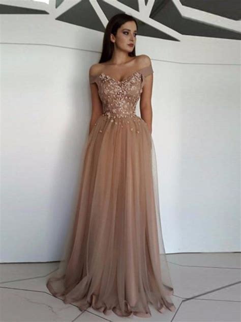 A Line Off Shoulder Tulle Lace Champagne Long Prom Dresses Off