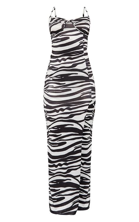 Monochrome Zebra Print Slinky Cup Detail Strappy Maxi Dress Prettylittlething Qa