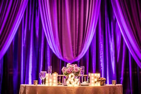 Sweetheart Table Inspiration Marquee Lights Wedding Purple Draping