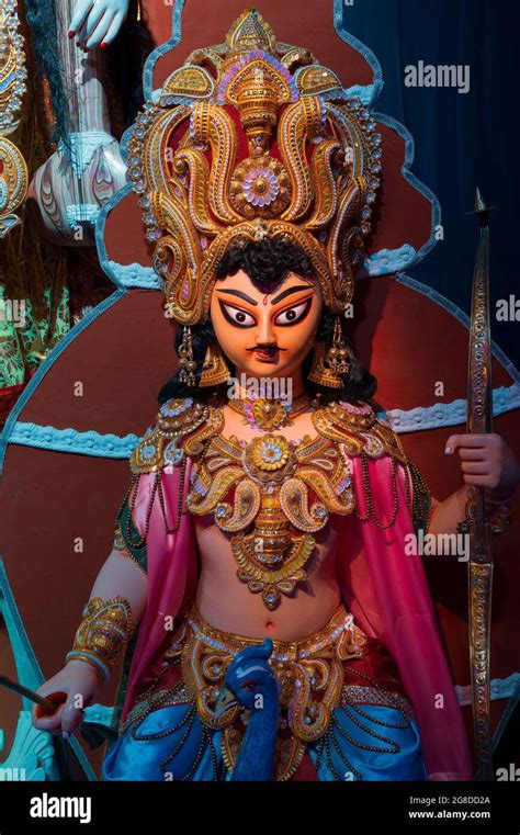 Idol Of God Kartik During Durga Puja Festival At Night Shot Under