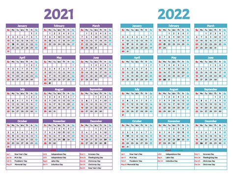 2021 And 2022 Printable Calendar With Holidays