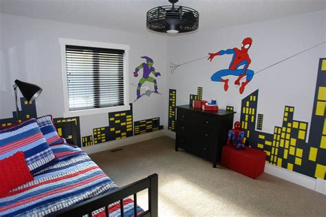 Spiderman mural in a spiderman themed boys room perfection. Spiderman kids room decor | Spiderman bedroom, Baby boy ...