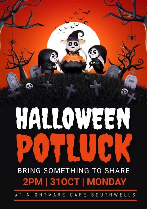Halloween Potluck Flyer With Pumpkins And Ghost On The Grass In Front