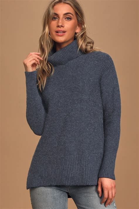 Cozy Navy Blue Turtleneck Turtleneck Sweater Drop Shoulders Lulus